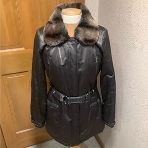 Vintage Gallery Black Trench, Coat with Brown Faux Fur Collar